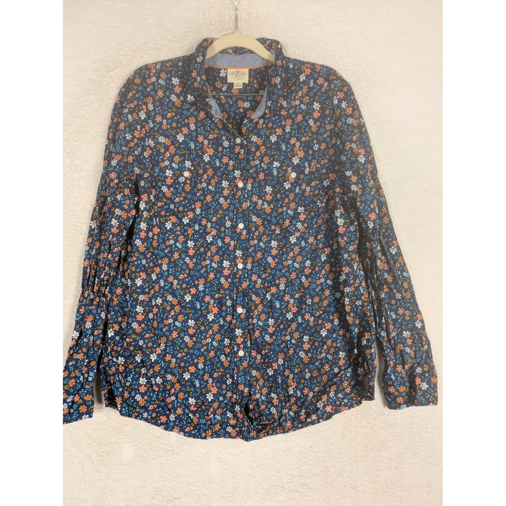 St. John's Bay Button Down Women's XL Navy Blue Floral Long Sleeve Pockets